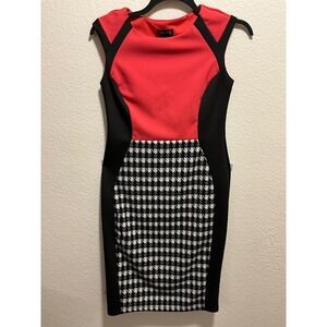 Enfocus Studio Women Sheath Dress Coral Black Houndstooth Business Size 10